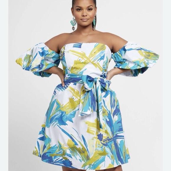 Fashion To Figure Dress Womens Size 0 XL Watercolor Multicolored Artsy Puff Slv - Picture 1 of 11